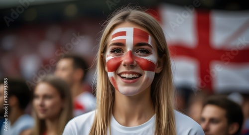 Happy ENGLAND woman supporter with face painted in ENGLAND flag , ENGLAND fan at a sports event such as football or rugby match euro 2024, blurry stadium background photo