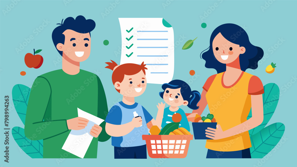 A budgetconscious family planning out their grocery list with coupons in hand. A budgetconscious family planning out their grocery list with coupons in hand.