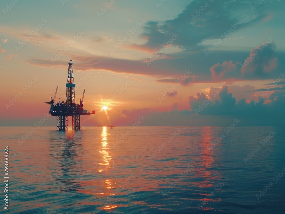 Picture of oil rig and natural gas in the middle of the Gulf of Thailand, at sunset, the sun's rays appear to reflect light.