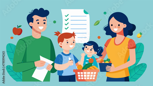 A budgetconscious family planning out their grocery list with coupons in hand.