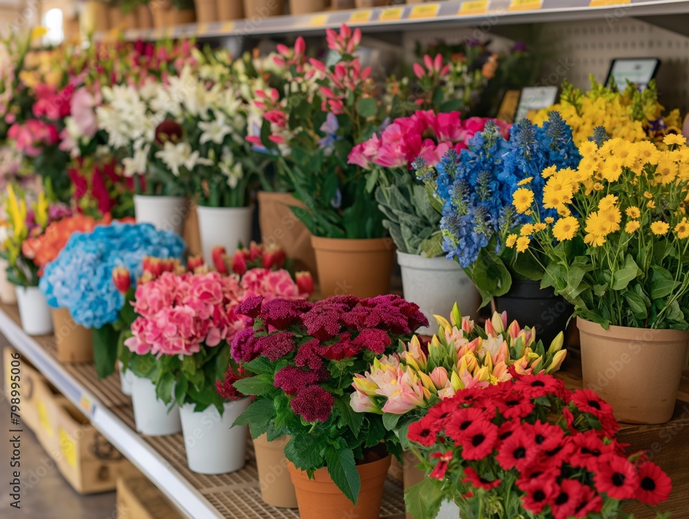 A row of potted plants with a variety of colors and sizes. The plants are arranged on a shelf in a store, with some of them placed in the foreground and others in the background