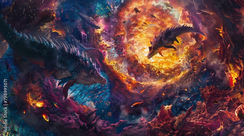 Dive into a realm of mystery and danger Envision a panoramic artwork depicting sinister mosasaurs in the center of roaring flames Dive into a realm of mystery and danger Envision a panoramic artwork depicting sinister mosasaurs in the center of roaring flames