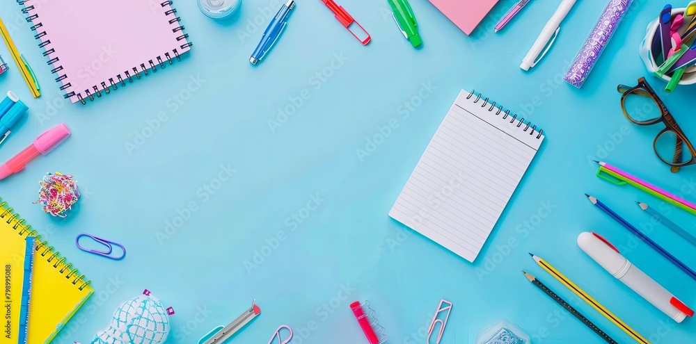 Flat Lay Mockup of School Supplies on Light Blue Background Flat Lay Mockup of School Supplies on Light Blue Background