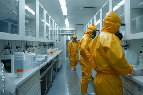 Three people in yellow protective suits are standing in a lab photo