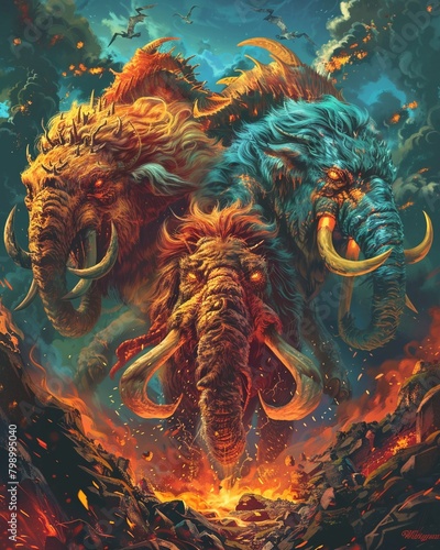 Create a striking image of frontal view monsters and mammoths standing together in the middle of raging flames