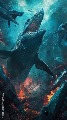 Embrace the depths of darkness with a macabre masterpiece Picture a hauntingly vivid scene where monstrous mosasaurs emerge from fiery depths, creating a chilling and captivating panoramic composition © wilaiwan