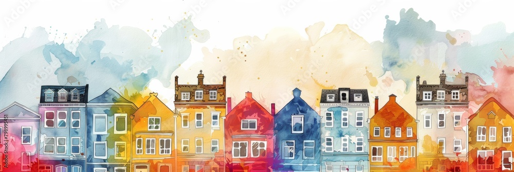 Vibrant row of watercolor painted townhouses against a whimsical sky, perfect for urban art themes.