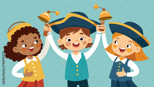 Children trying on mini versions of colonial tricorner hats and holding small bells participating in the reenactment with excitement.. Vector illustration