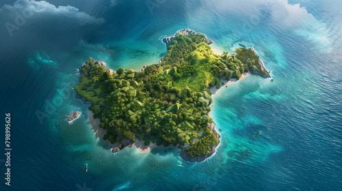 top view of green tropical island surrounded by sea water © AiDesign