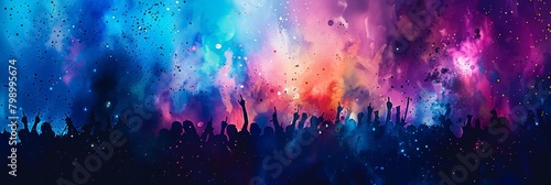 A high-energy concert crowd in vibrant colors, capturing the excitement and motion of live music, with generous copy space for event promotions. photo