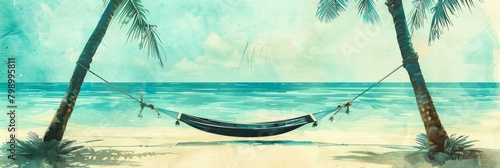 A serene digital painting depicting a hammock strung between palm trees on a sandy beach, with tranquil turquoise sea and sky. Ideal for relaxation and travel themes with ample copy space.
