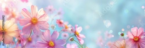 A beautiful bouquet of pink flowers with a blue sky background