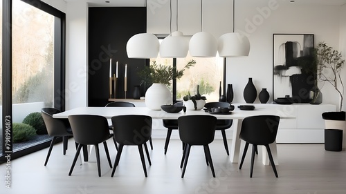  A dining room showcasing understated elegance and modern design. The focal point is a matte white dining table, complemented by black wood chairs, each featuring a smooth matte finish. A pendant ligh photo