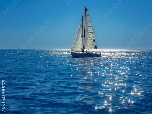 A sailboat is sailing in the ocean on a sunny day. The water is calm and the sky is clear