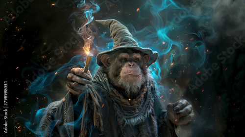A mischievous monkey wearing a wizard hat and holding a wizard's wand photo