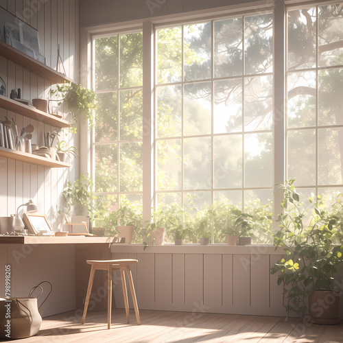 An inviting workspace with natural light  wooden shelves  and a potted plant-filled window sill. Perfect for creative pursuits or leisure activities.