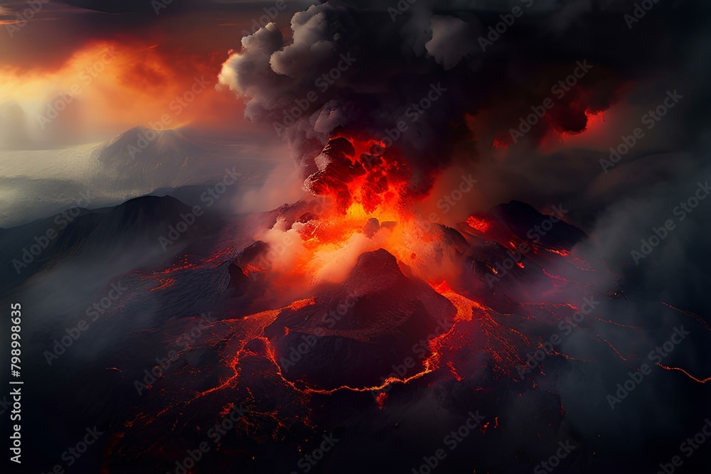 Volcanic eruption aerial view with smoke and lava explosion.