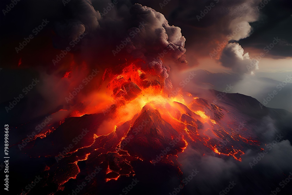 Volcanic eruption aerial view with smoke and lava explosion.