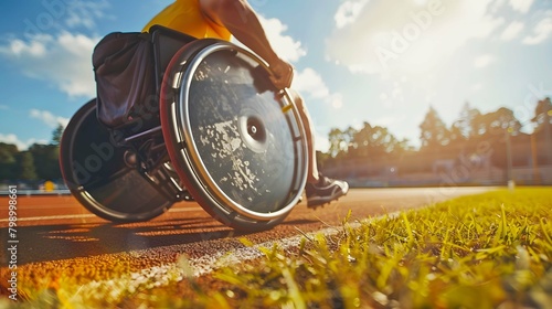 Seated discus thrower with a mobility impairment launching the discus with power and precision at a summer photo