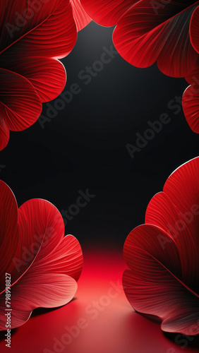 The image features a black background with a red floral design. The flowers are arranged in a way that forms a frame, with the center being a blank space. The petals are large and have a texture. photo
