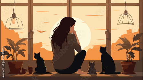 Lonely Woman near the window with cats. Vector hand