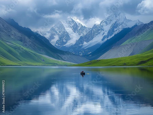 A man in a boat is floating on a lake surrounded by mountains. The scene is peaceful and serene, with the man enjoying the beauty of nature