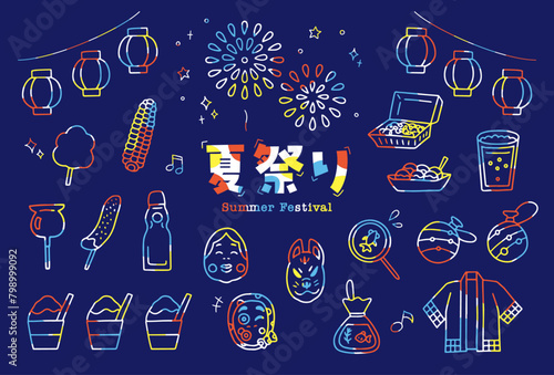レトロポップな日本のお祭りの線画ベクターイラスト／夏祭り・縁日
