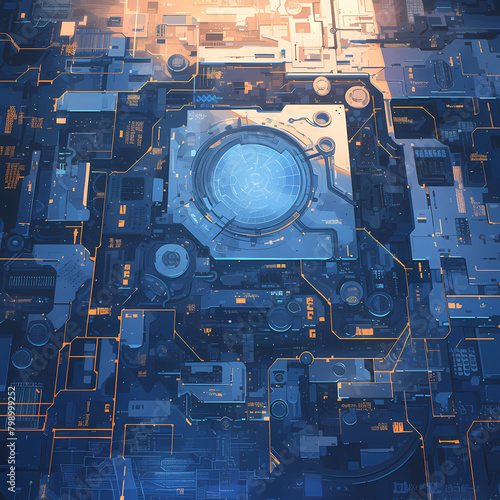 A Futuristic Blue Circuit Background with a Central Core photo