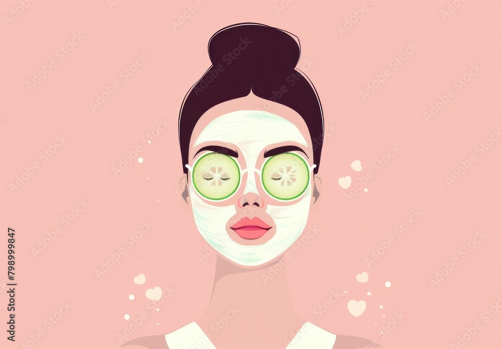 Beautiful woman wearing a face mask and cucumber slices, skincare and relaxation concept on pink background Beautiful woman wearing a face mask and cucumber slices, skincare and relaxation concept on pink background
