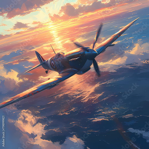 Iconic WWII British Spitfire Aircraft Soaring Above Clouds During Sunset