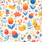 An Easter-themed vector pattern with colorful floral elements and playful bunny designs. Perfect for spring celebrations and cheerful decorative backgrounds.