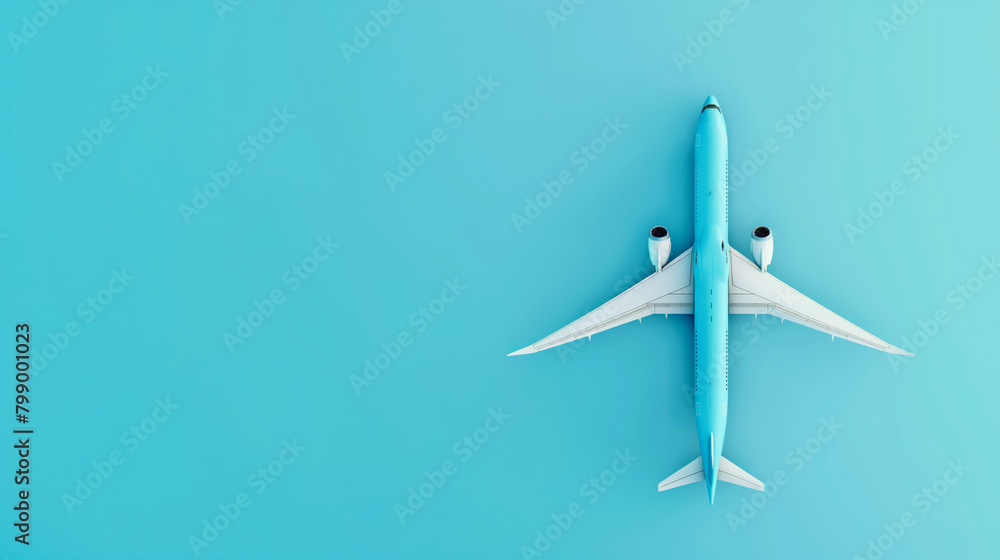 Airplane top view centered over solid blue background. Simplistic and clean design symbolizing travel and technology Airplane top view centered over solid blue background. Simplistic and clean design symbolizing travel and technology