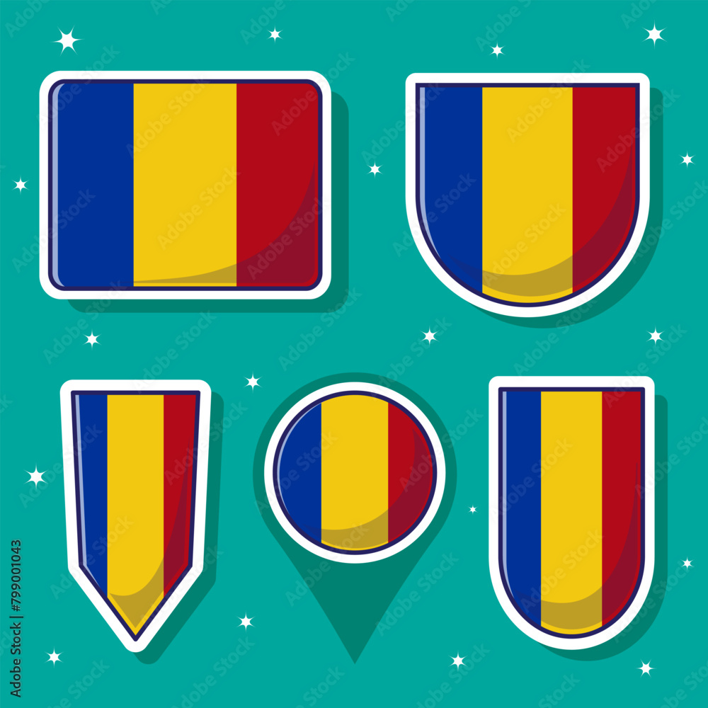 Fototapeta premium Flat cartoon vector illustration of Romania national flag with many shapes inside