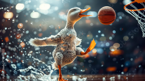 Animated Duck Character Playing Basketball in an Indoor Sports Arena