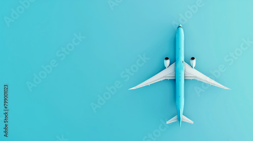 Airplane top view centered over solid blue background. Simplistic and clean design symbolizing travel and technology