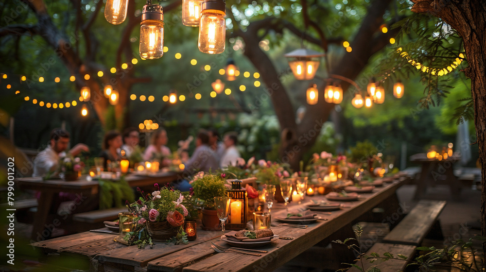 A cozy backyard or garden, bathed in the golden light of the late afternoon sun. A long, rustic wooden table is set with care, adorned with simple, yet elegant, tableware and surrounded by comfortable