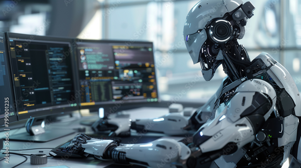 Futuristic robot working at a computer in an office setting. Futuristic robot working at a computer in an office setting.