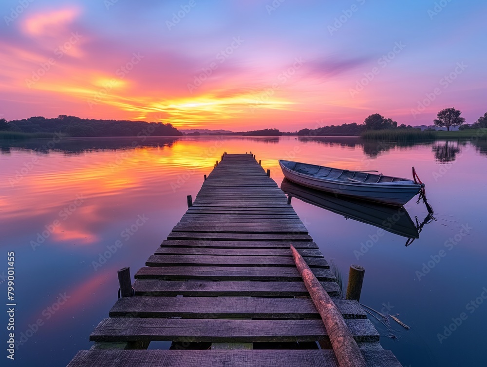A wooden pier with a boat on it and a sunset in the background