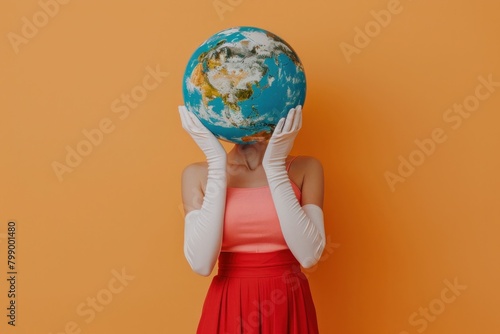 Woman in white gloves covering her face with a globe on an orange background Global Connection Concept Photo