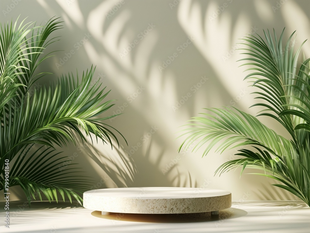 Podium mockup, tropical tree leaf background, 3d render