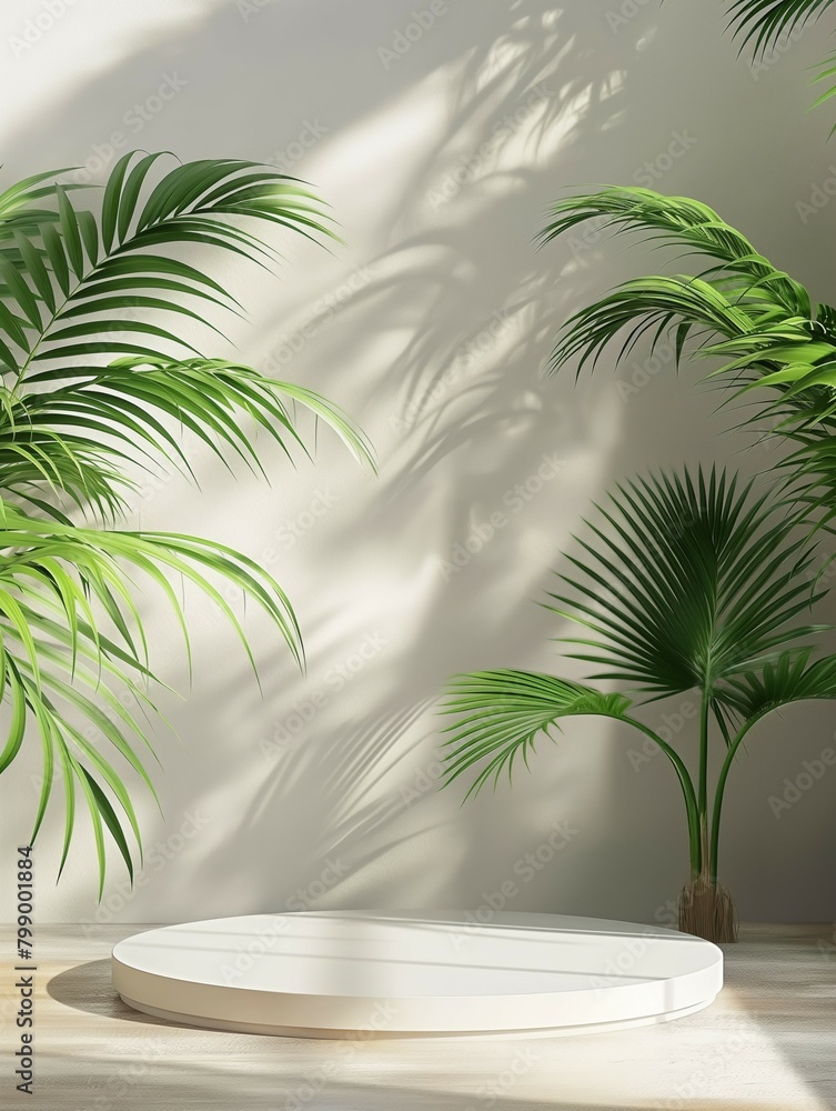 Obraz premium Podium mockup, tropical tree leaf background, 3d render