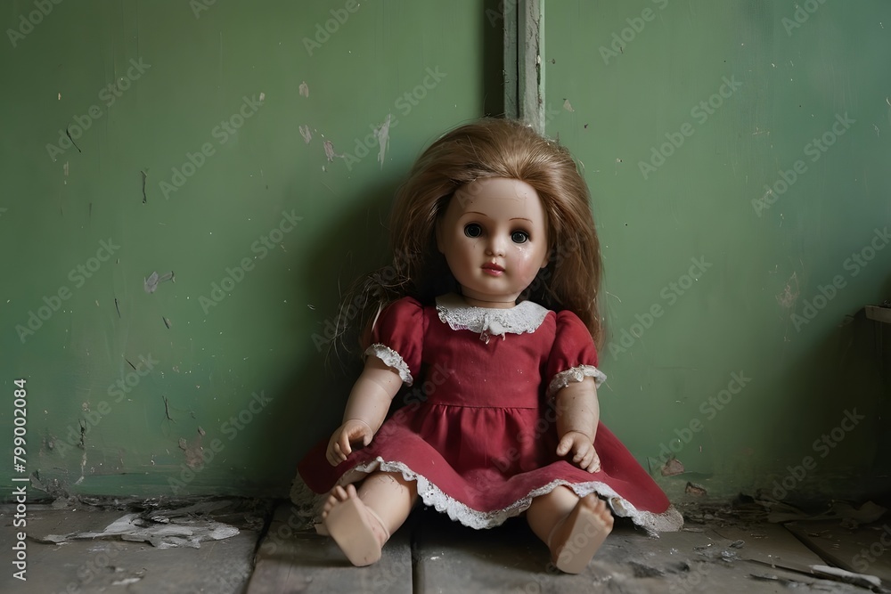 Fototapeta premium Old and decaying doll in an abandoned house