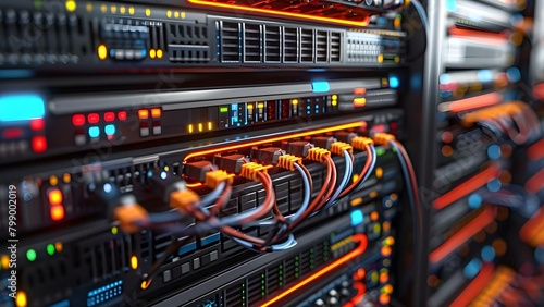 A glimpse into the meticulously arranged network backbone in a server farm, highlighting complex connections. Concept Server Farm, Network Backbone, Complex Connections, Meticulously Arranged photo