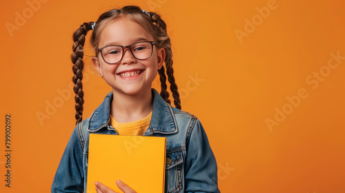 Smiling Young Girl Holding Folder on Orange Background