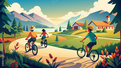 Group of people biking on rural path with mountain and lake scenery. Vector illustration of cycling adventure. Outdoor activity and healthy lifestyle concept for poster, banner. 