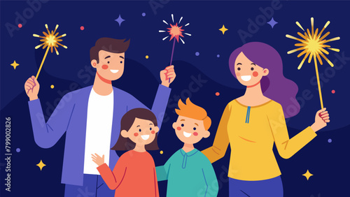 With sparklers in hand and smiles on their faces the family counted down in unison before lighting the first firework.. Vector illustration