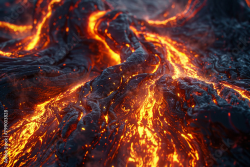 Textured surface of molten lava, featuring glowing orange hues and flowing streams. Molten lava textures offer a dramatic and intense backdrop