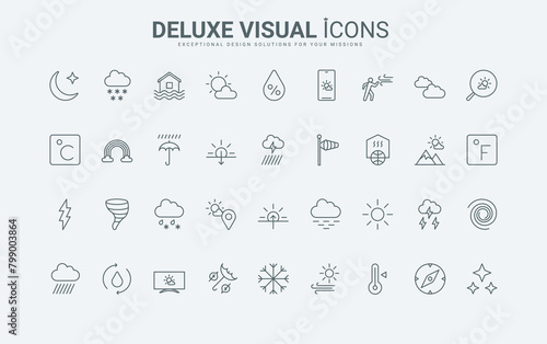 Humidity and temperature indicators search, meteorology vector illustration. Rain and clouds, snow and wind, sun and moon in sky thin black and red outline symbols. Weather forecast line icons set.