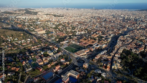 Aerial view of the city Barcelona in Spain on a sunny morning in early spring.