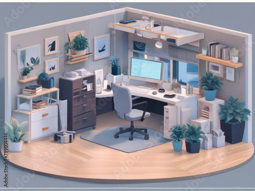 Isometric Home Office with Ergonomic Design 3D_Anime Style 4